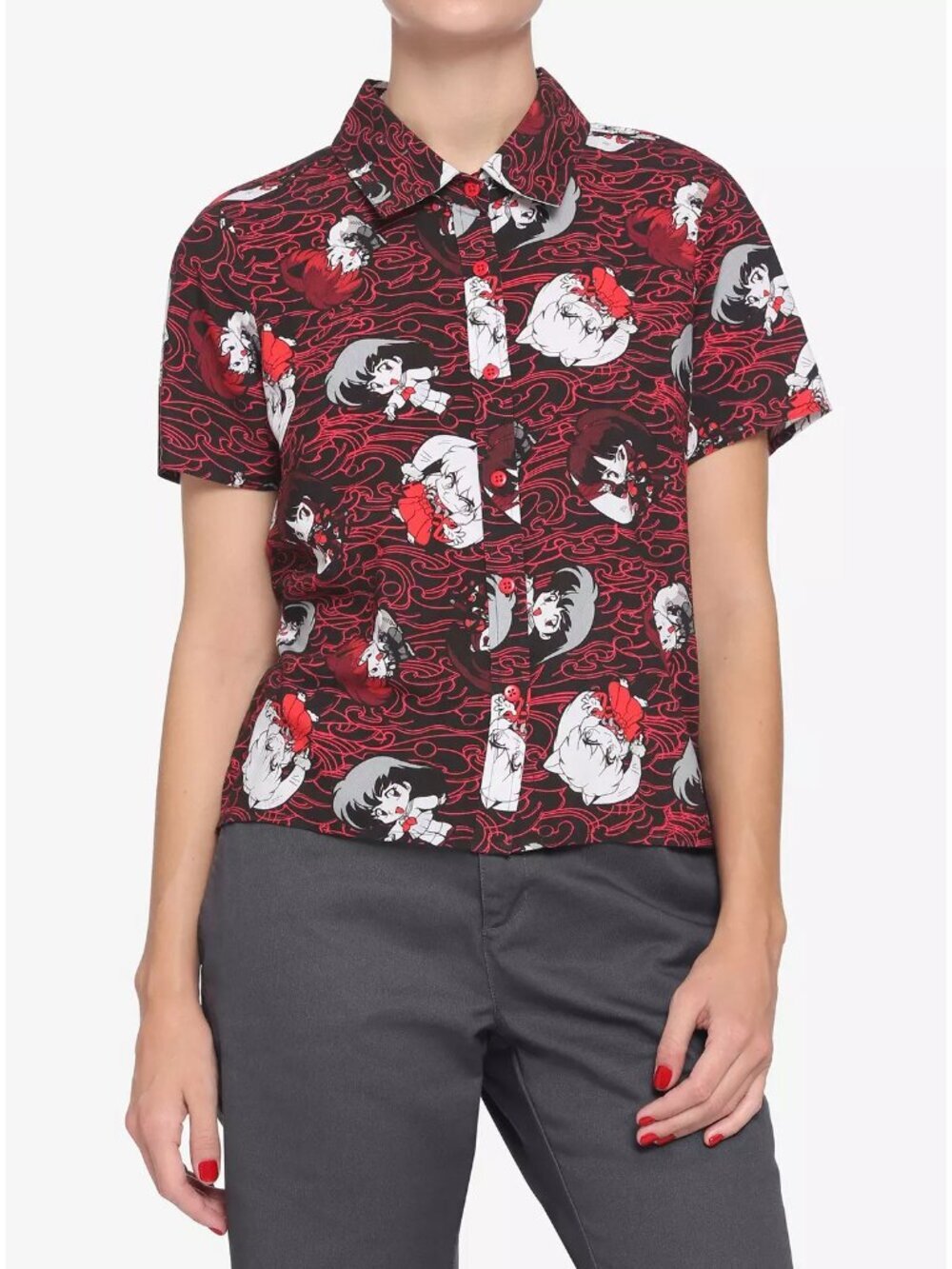 HOT TOPIC x INUYASHA Chibi Girls Black Red Short Sleeve Button Up Shirt, Size XL